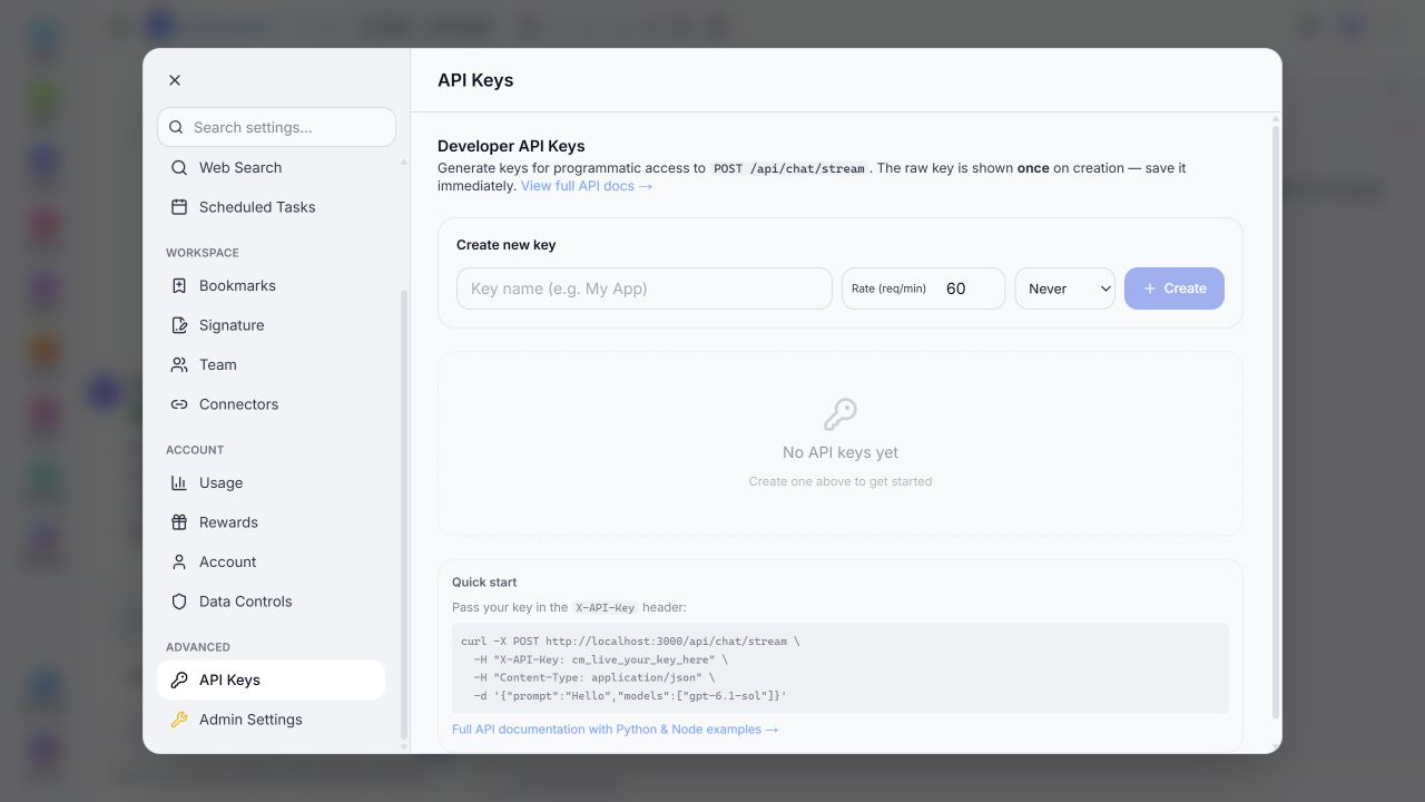 API Keys screen with no real credentials