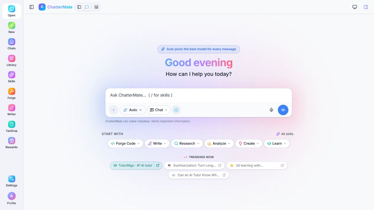 ChatterMate home with the sidebar collapsed