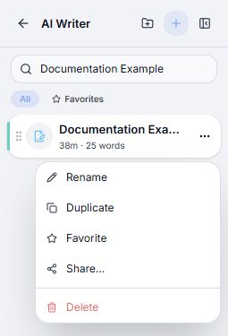 Document menu offering Rename, Duplicate, Favorite, Share, and Delete